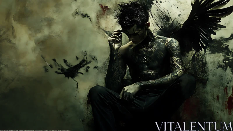 Dark winged man with tattoos in grunge abstract space.