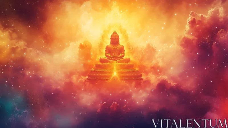 Golden Buddha statue in vivid cosmic nebula clouds.