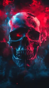 Skull engulfed by neon smoke in vivid duotone lighting.