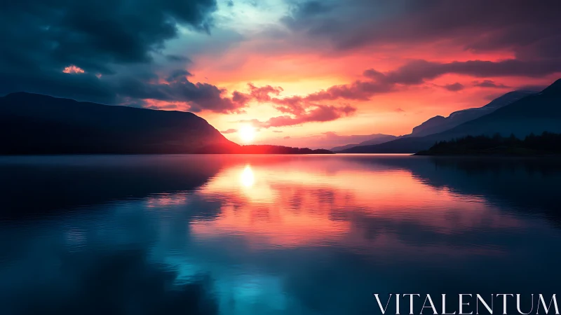 Vivid mountain lake sunset with mirrored sky reflection.
