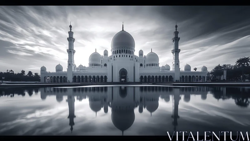 Symmetrical mosque silhouette with domes and reflection.
