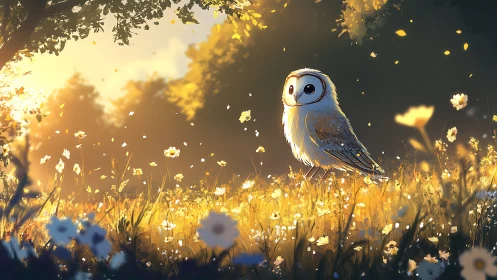 Whimsical owl in glowing meadow, digital art with warm sunset tones.
