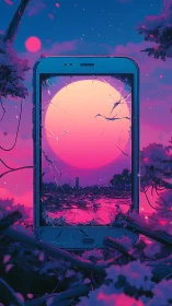 Shattered smartphone frames neon sunset over flooded landscape