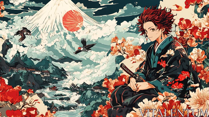 Samurai watches mountain sunrise across stylized floral valley