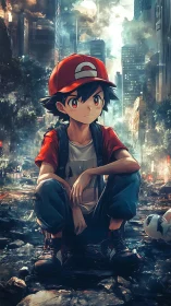 Anime boy in red cap in ruined futuristic city street.