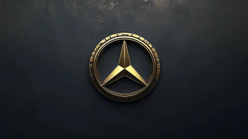Golden three-pointed star emblem on dark textured wall.