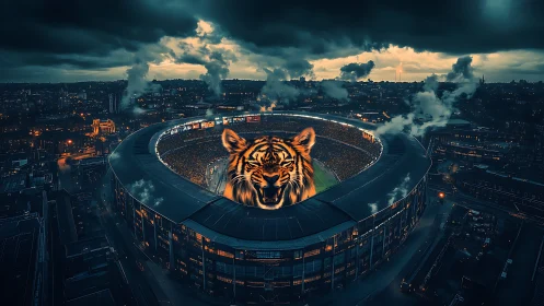 Night stadium panorama with luminous tiger hologram dominating field