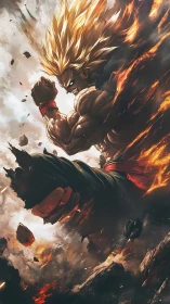 Fiery anime warrior soaring through a storm of shattered rock.