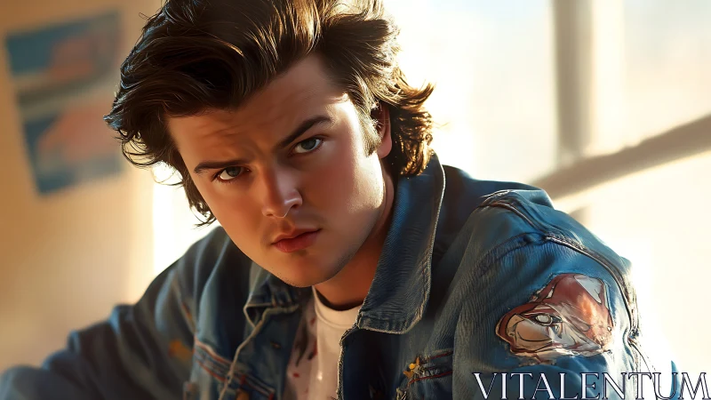 Soft-lit stylized portrait shows young man in denim jacket