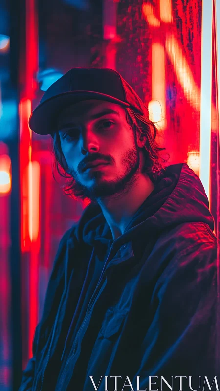 Moody urban portrait glows under neon red and blue light