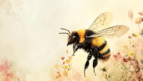 Gentle bumblebee drifting above a watercolor meadow.