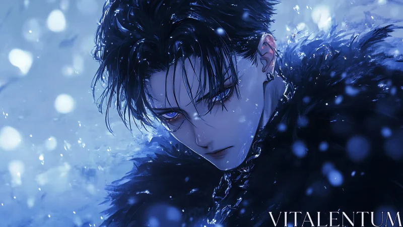 Brooding blue-eyed antihero stands in a storm of cold light