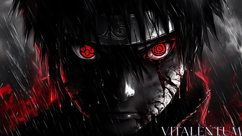 Stormlit crimson gaze of a vengeful anime warrior.