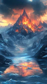 Lava-lit mountain ignites a frozen valley under stormy skies