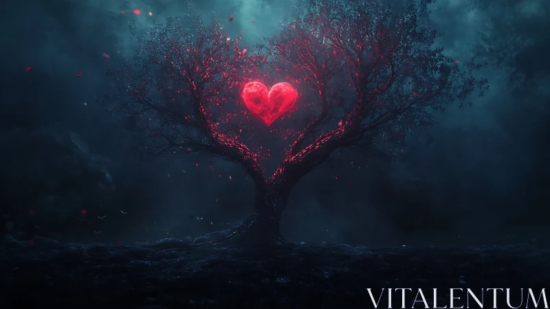 Glowing Heart Tree Emerges from Misty Darkness