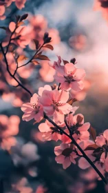 Pink flowering branches with selective focus depth of field composition
