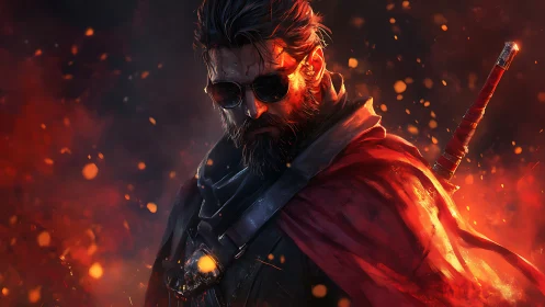 Firelit warrior portrait with burning cloak and katana