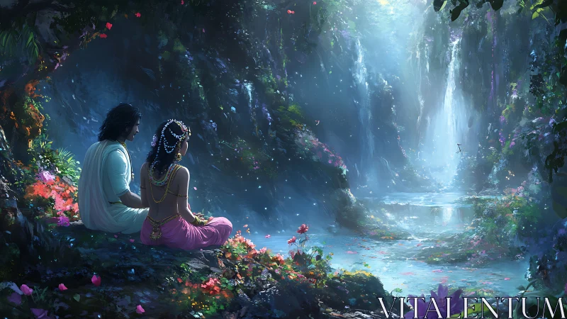 Gentle lovers share a quiet moment beside a glowing waterfall