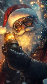Steampunk Santa holding glowing lantern in snowy night scene.