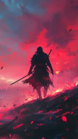Lone warrior strides into a blazing crimson twilight sky
