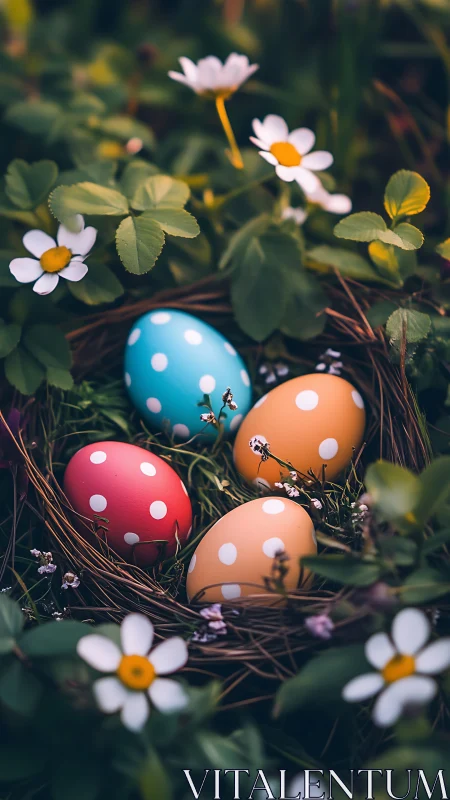 Colorful polka dot Easter eggs rest softly in a garden nest