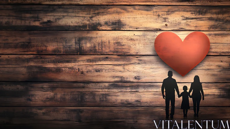 Silhouetted family unit beneath oversized crimson heart symbol.