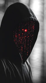 Hooded digital figure with red code face in dark scene.