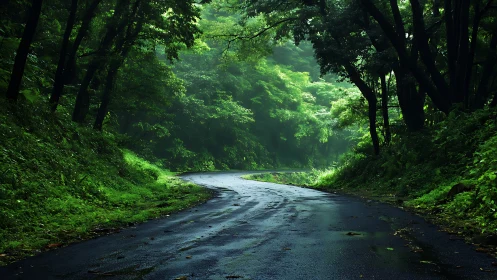Verdant Forest Corridor with Flowing Stream, Diffused Canopy Illumination