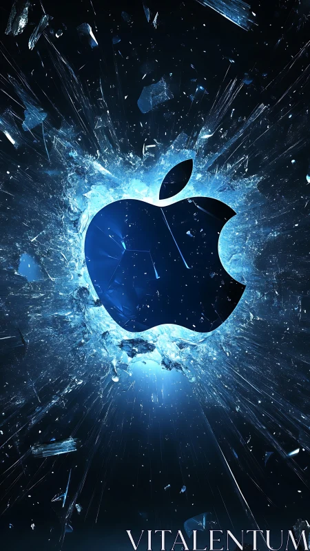 Shattered blue glass explodes around a bold apple emblem