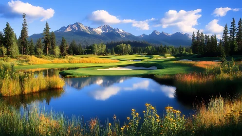 Sunlit mountain golf course rests beside a calm reflective lake