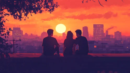 Friends sharing a glowing city sunset in quiet togetherness.
