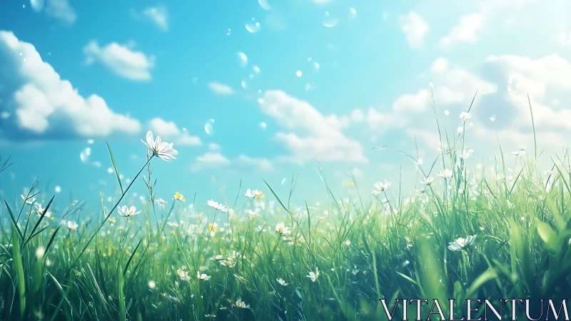Soft spring meadow glows under a bright, serene sky
