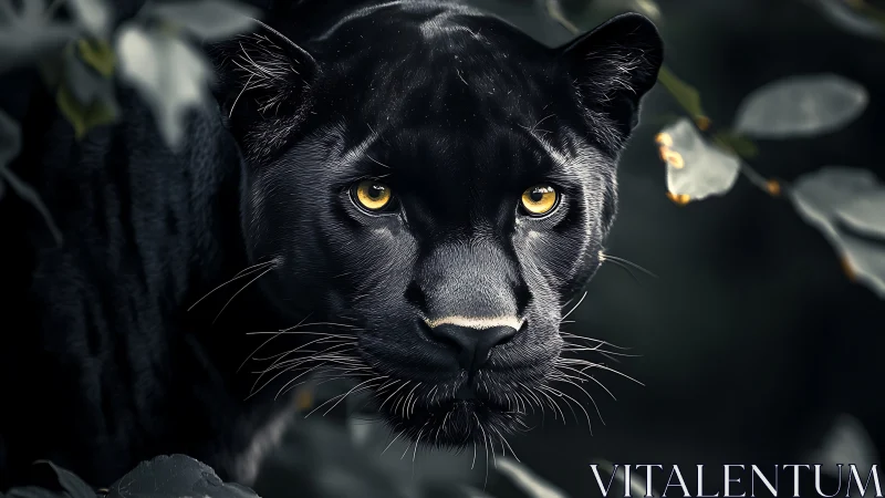 Black panther portrait with golden eyes and foliage background.