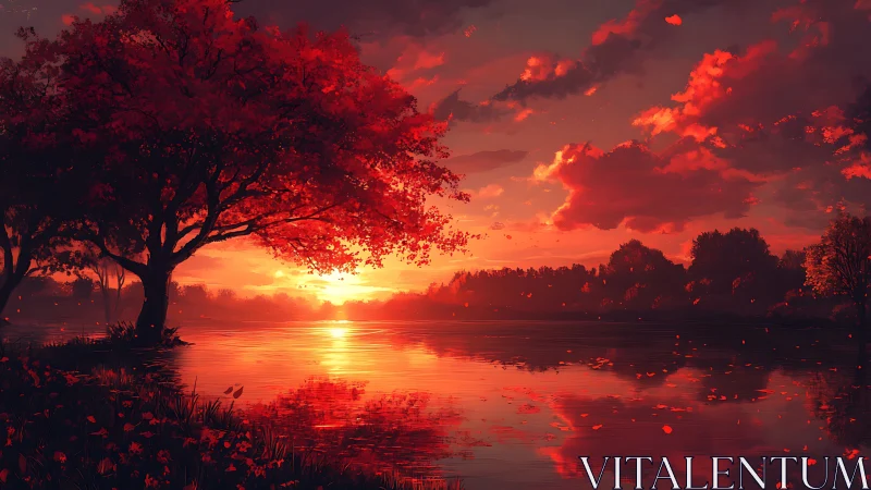 Crimson lakeside sunset with glowing autumn foliage.