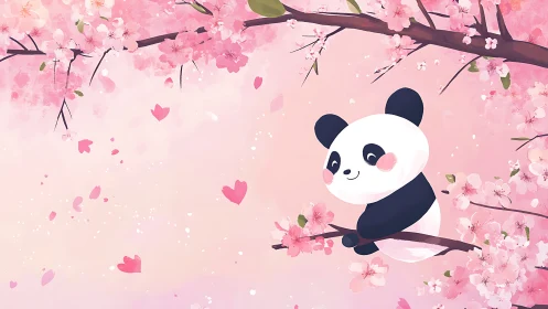 Playful panda resting among drifting cherry blossoms.