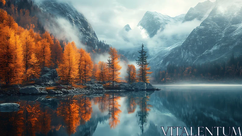 Autumnal alpine lake reflection with misted granite massifs.