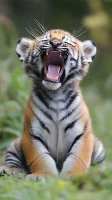 Tiger cub sits on grass and opens mouth in vertical frame