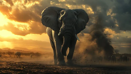 Elephant herd walks through dusty savanna at sunset
