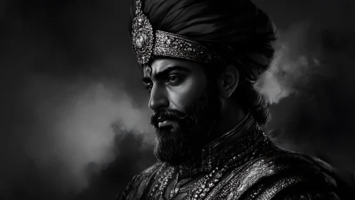 Regal bearded ruler in ornate crown and flowing turban.