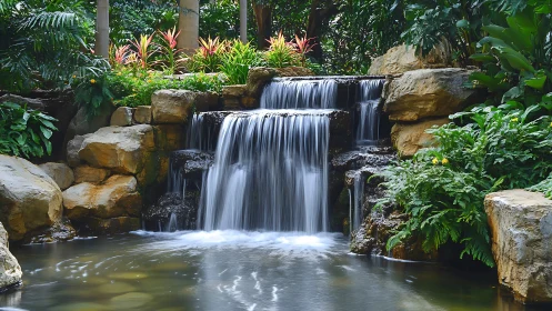 Gentle garden waterfall pours into a calm reflective pond