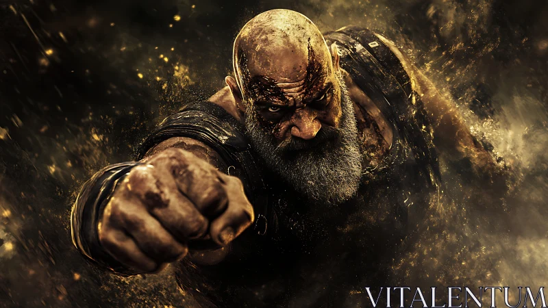 Bearded warrior lunging forward with powerful punch