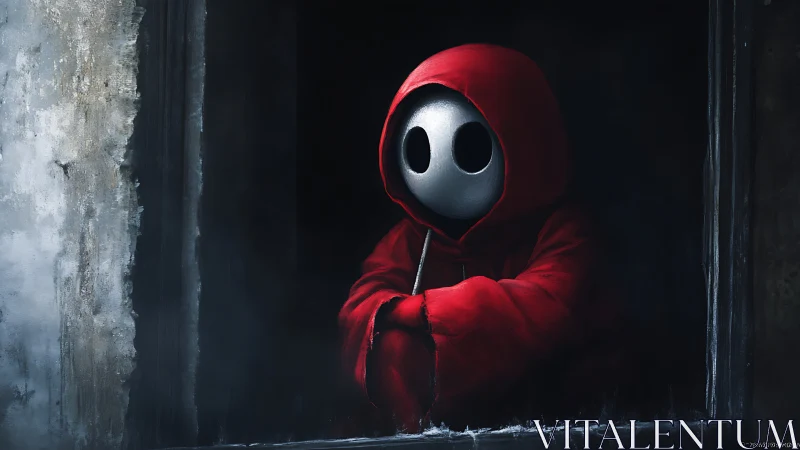 Quiet red-hooded wanderer resting in a shadowed window.