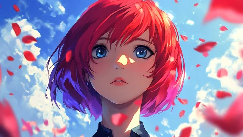 Red haired anime girl under blue sky with drifting petals