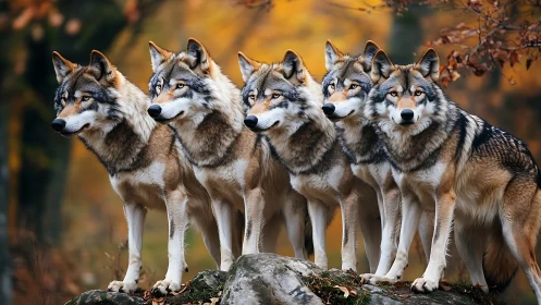 Photorealistic wolf pack alignment on autumn forest ridge.