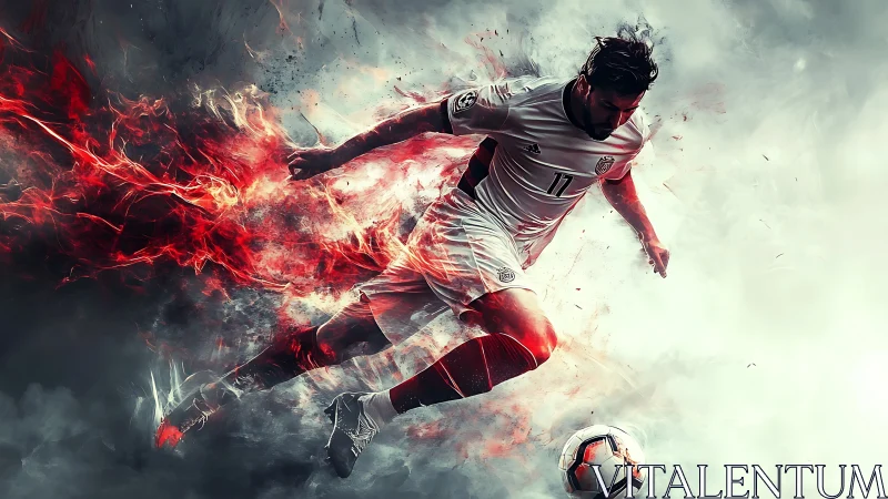 Dynamic digital painting of fiery soccer striker in motion.