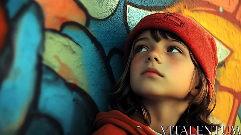 Child in Red Beanie Against Vibrant Street Art.