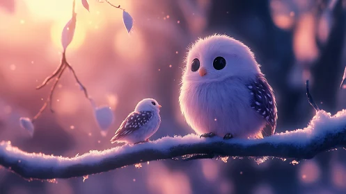 Two Adorable Owls on Snowy Branch in Soft Dreamy Light, Digital Art.