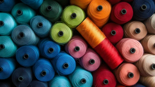 Radial array of multicolored industrial polyester thread spools