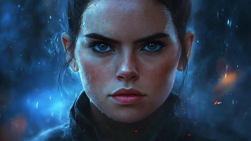 Digital portrait shows wet-faced woman in blue-lit close-up