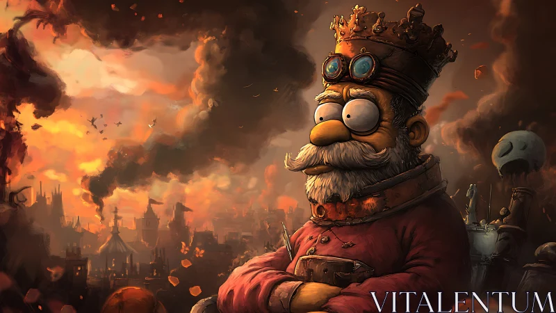 Cartoon king stands before burning steampunk city skyline